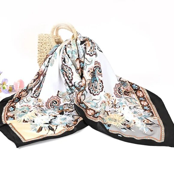 Queen's Attic Ltd. Accessories - 2/$30 NEW White Aqua Ivory Gray Black Floral Delicate Flower Silky Fashion Scarf